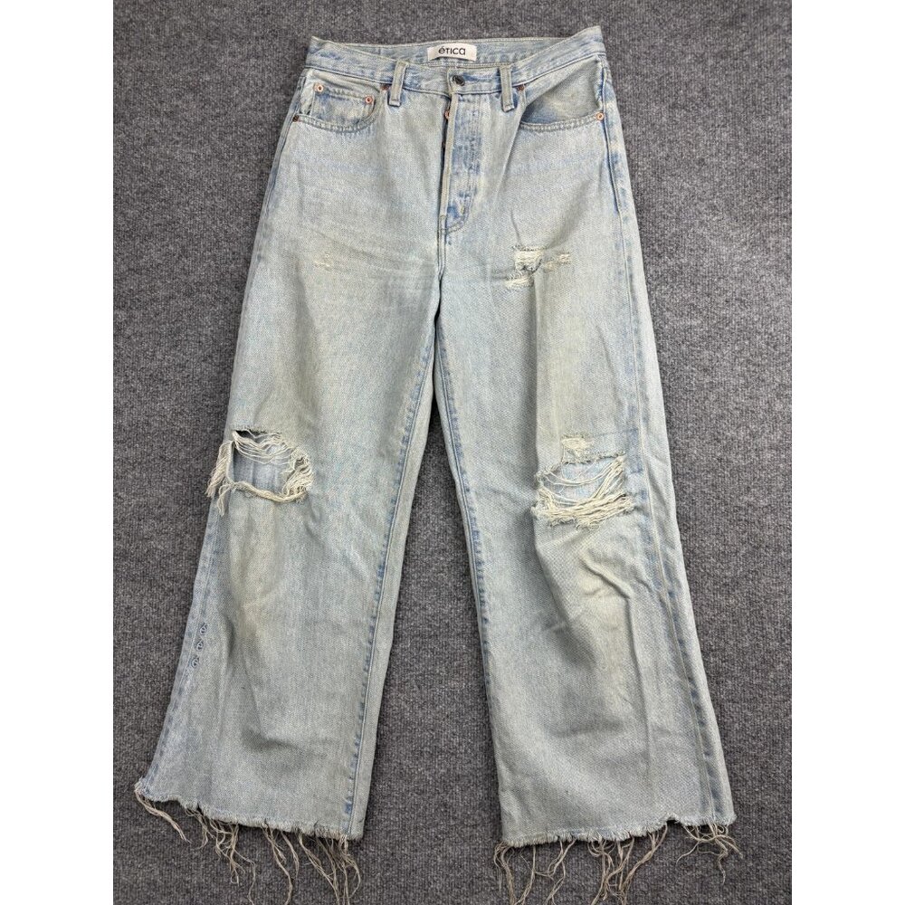 Etica Jeans Womens 26 Blue Distressed High Rise Raw Hem‎ Wide Leg Button Fly